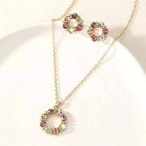 Flower & Circle Design Necklace And Earrings Jewelry Set With Multicolor Stones